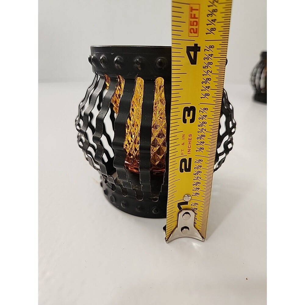 Vintage Candle Holder Black Metal Cage Set 2 Amber Glass Votive MCM - Picture 7 of 7